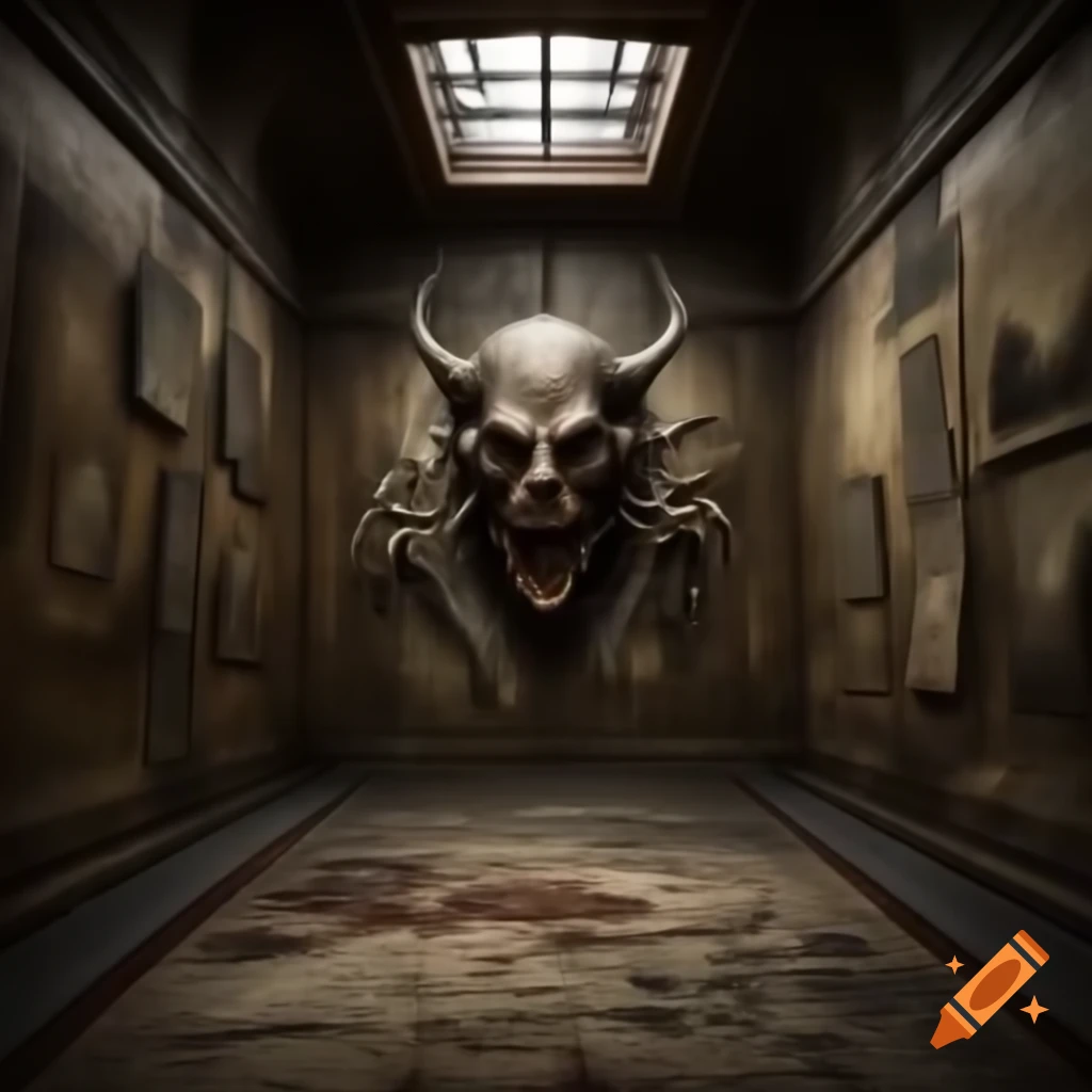 Scary house interior with large room featuring demonic drawings on the walls
