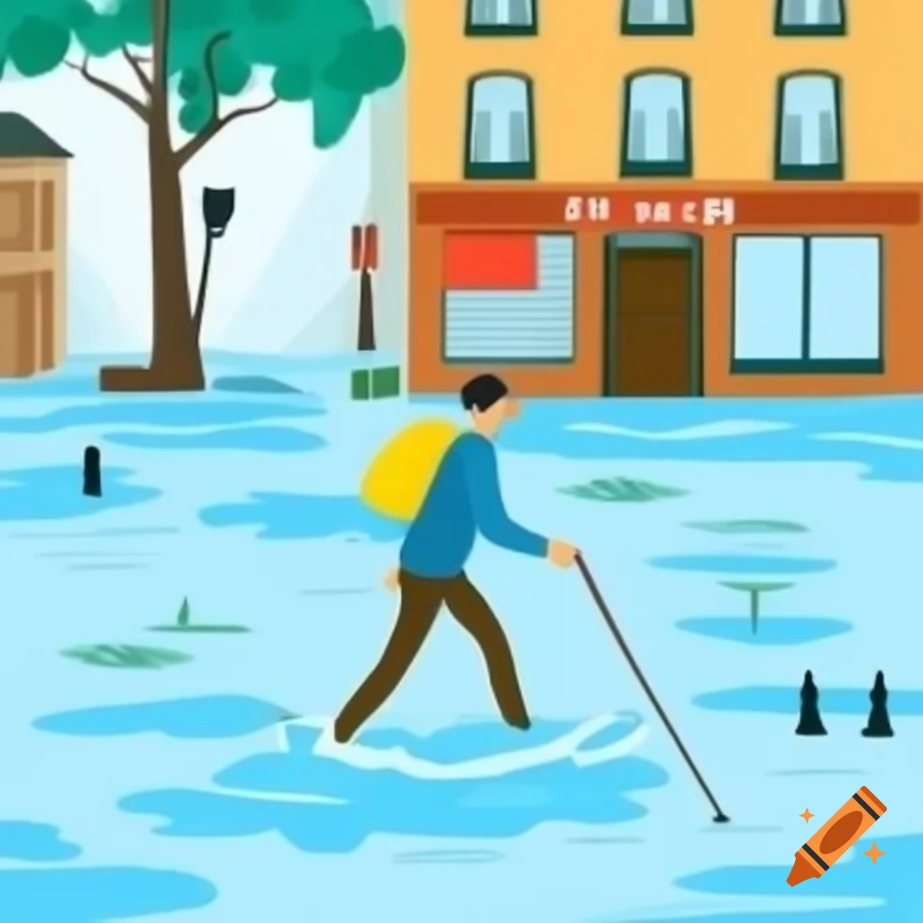 Pedestrian wading through ankle-deep water on flooded street
