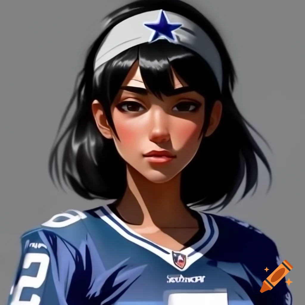 Anime Latina woman with black hair in Dallas Cowboys jersey and bandana