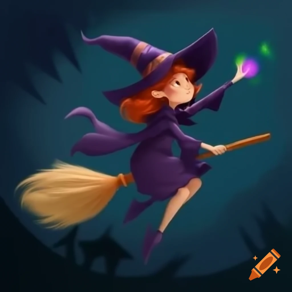 Young witch flying on broomstick, embodying wild magic