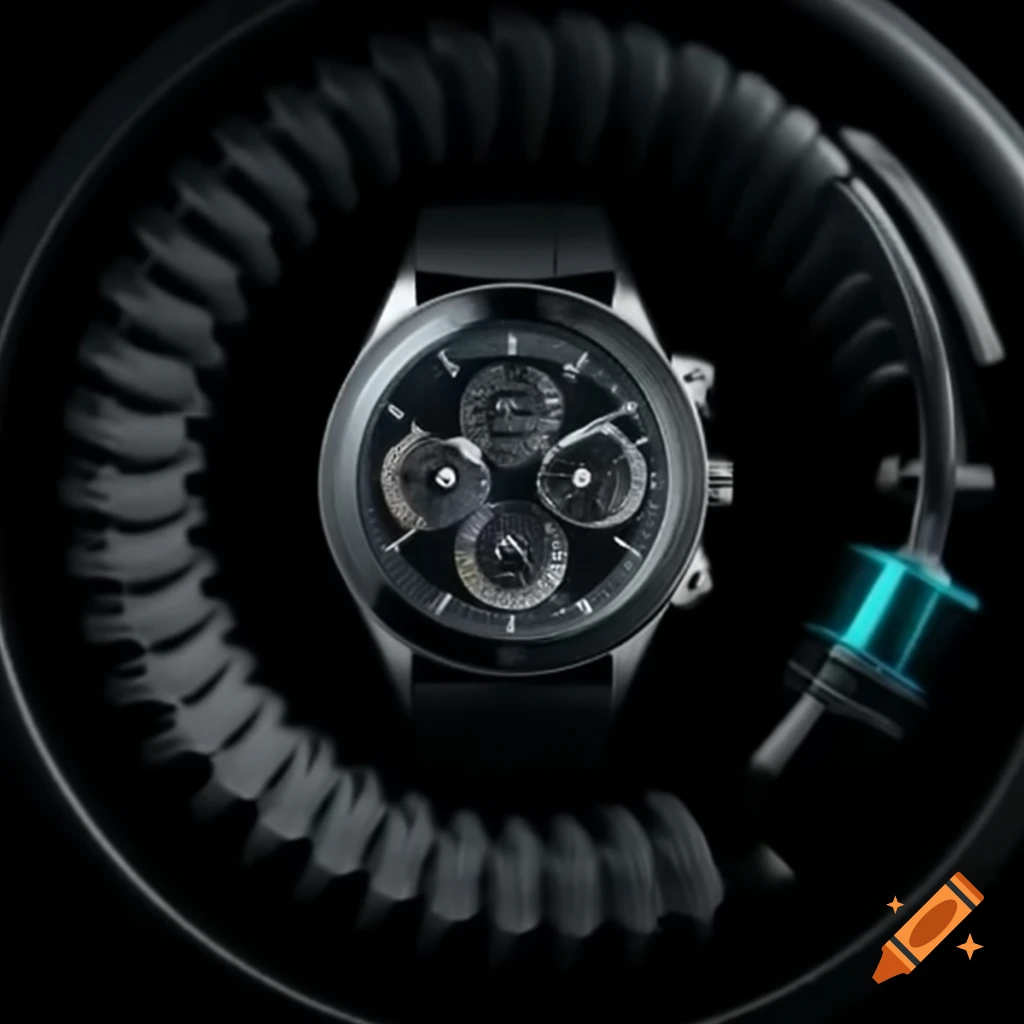 Futuristic black watch with propeller instead of time and dial cable