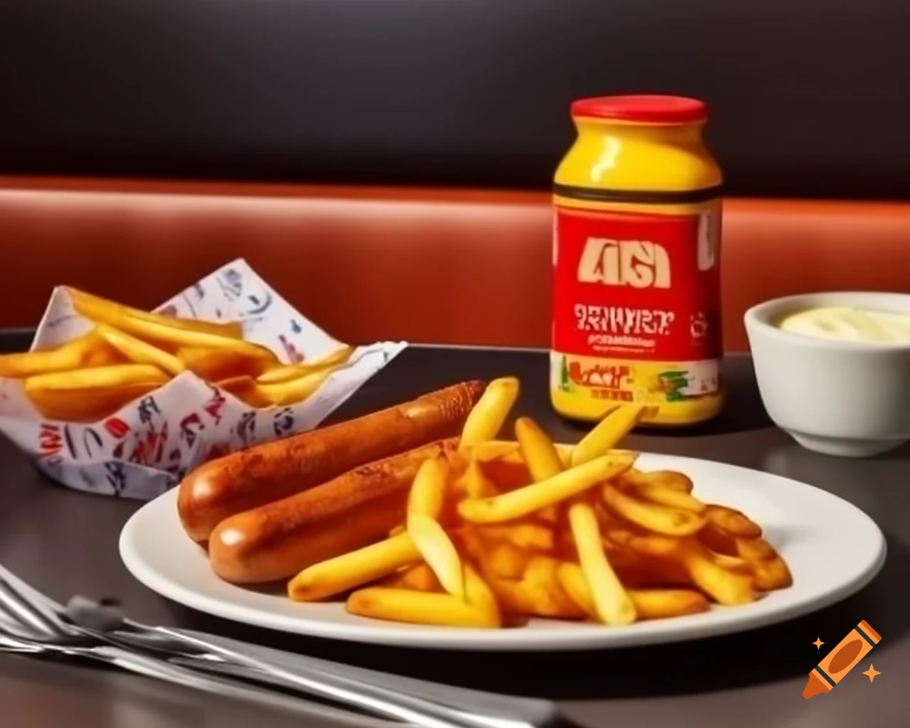LED sign featuring sausage on French fries with mayonnaise jar