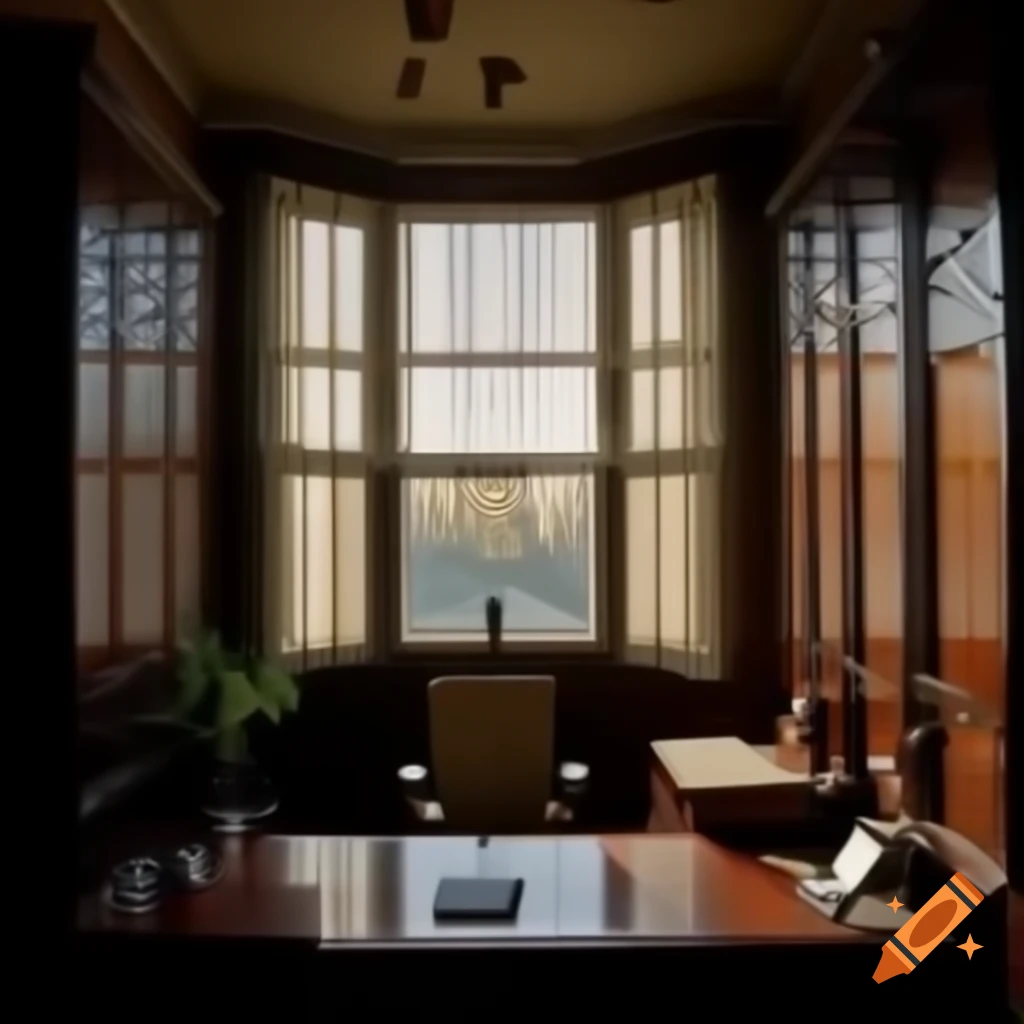 View from behind ornate wooden desk in Vito Corleone's office, inspired by The Godfather