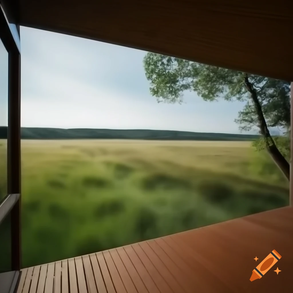 Wooden deck extending into grassy field with scenic nature views