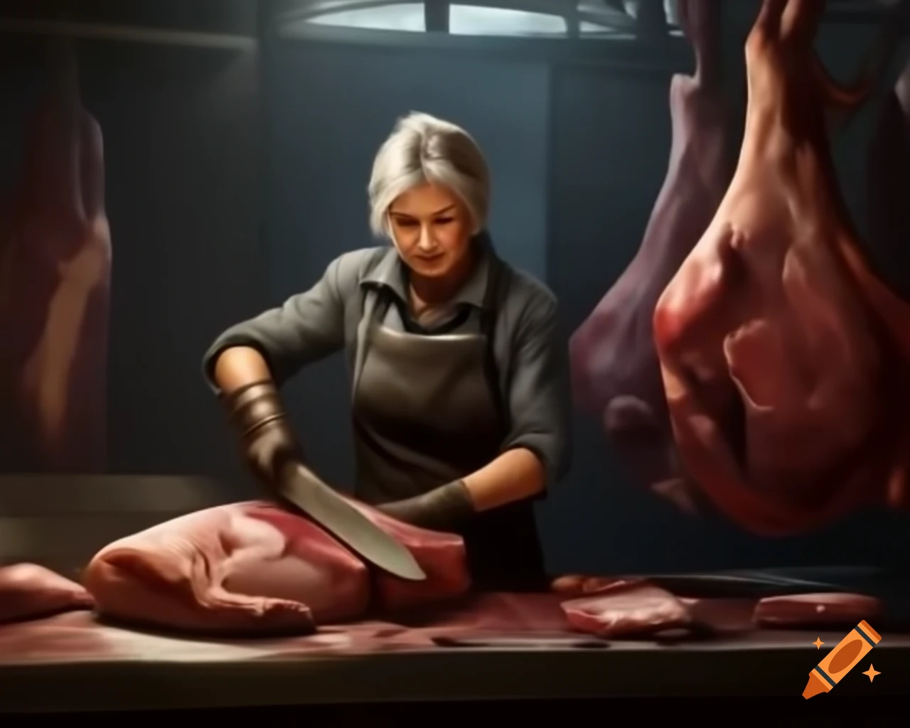 Mature female butcher in post-apocalyptic slaughterhouse setting
