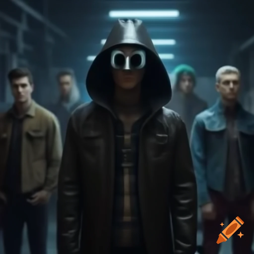 Man in a vent with friends in a cyberpunk setting