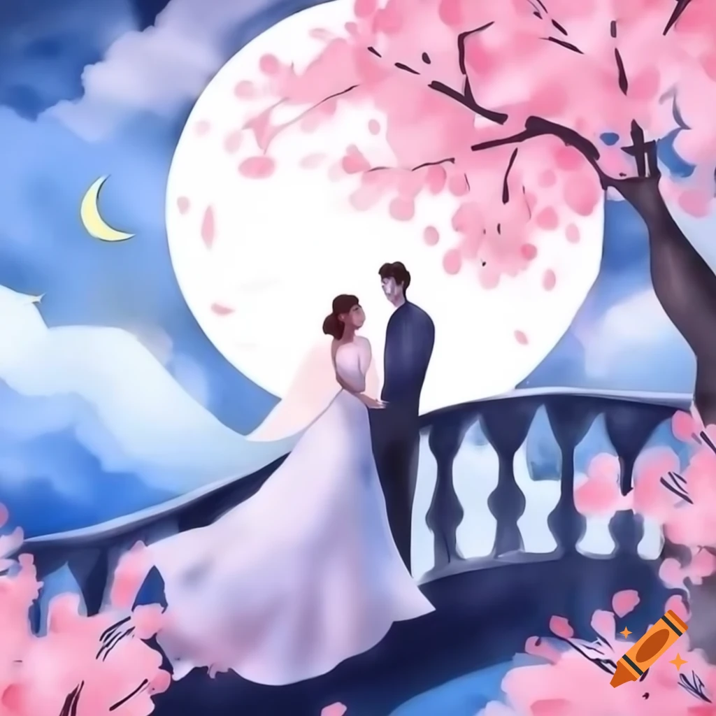 Couple silhouetted on arched bridge under cherry blossom tree with huge moon in watercolor