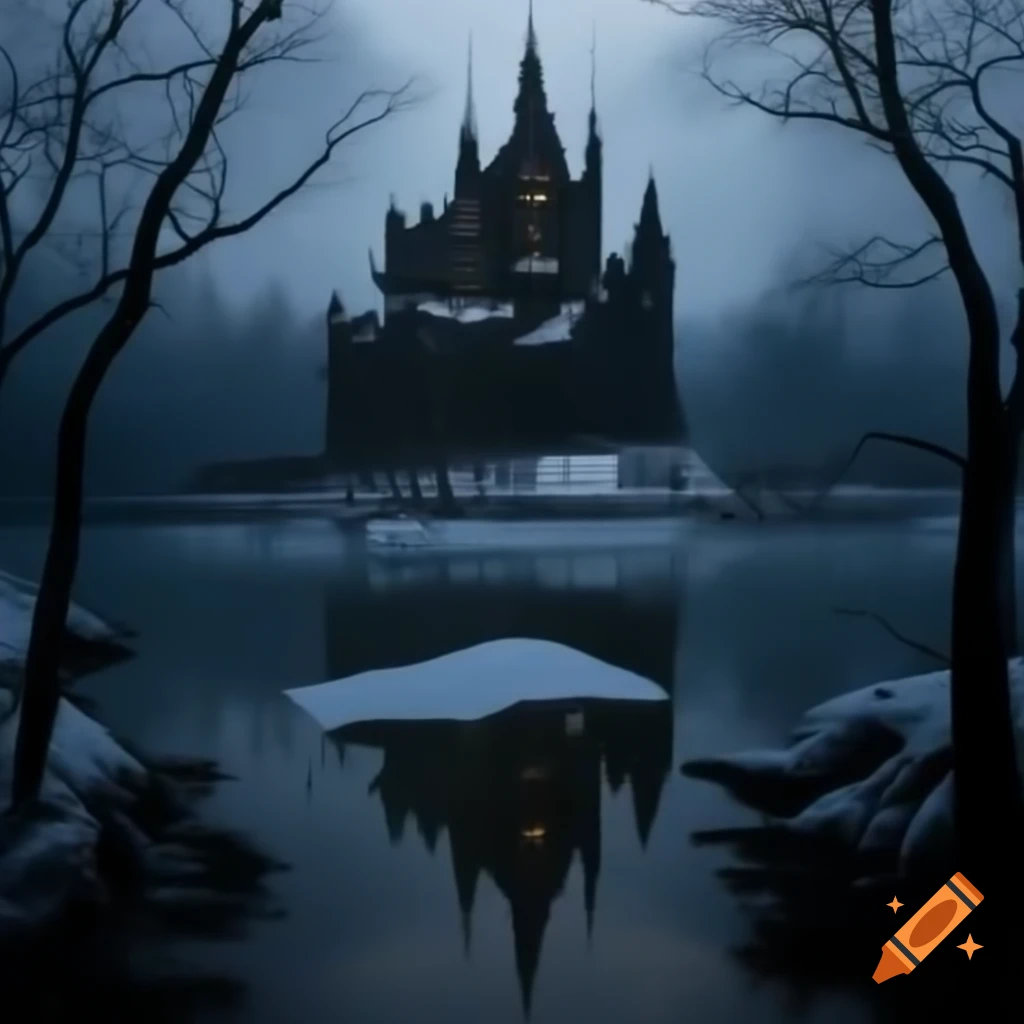 Black castle in shadows with snow-covered lake in winter