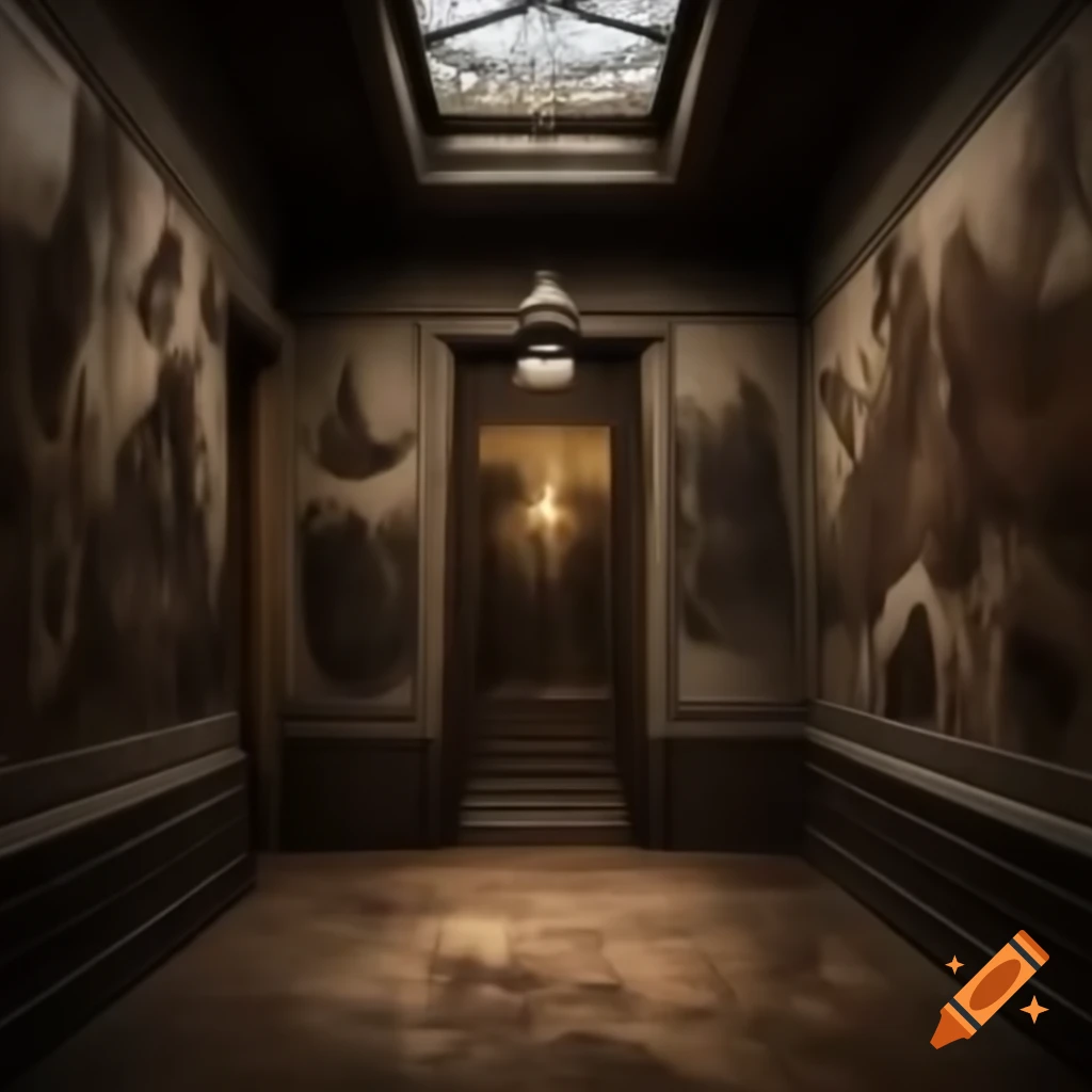Realistic depiction of a large room in a scary house with demonic drawings on the walls