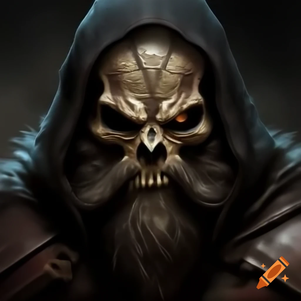Menacing skull in iron armor and leather eyepatch beneath fur hood