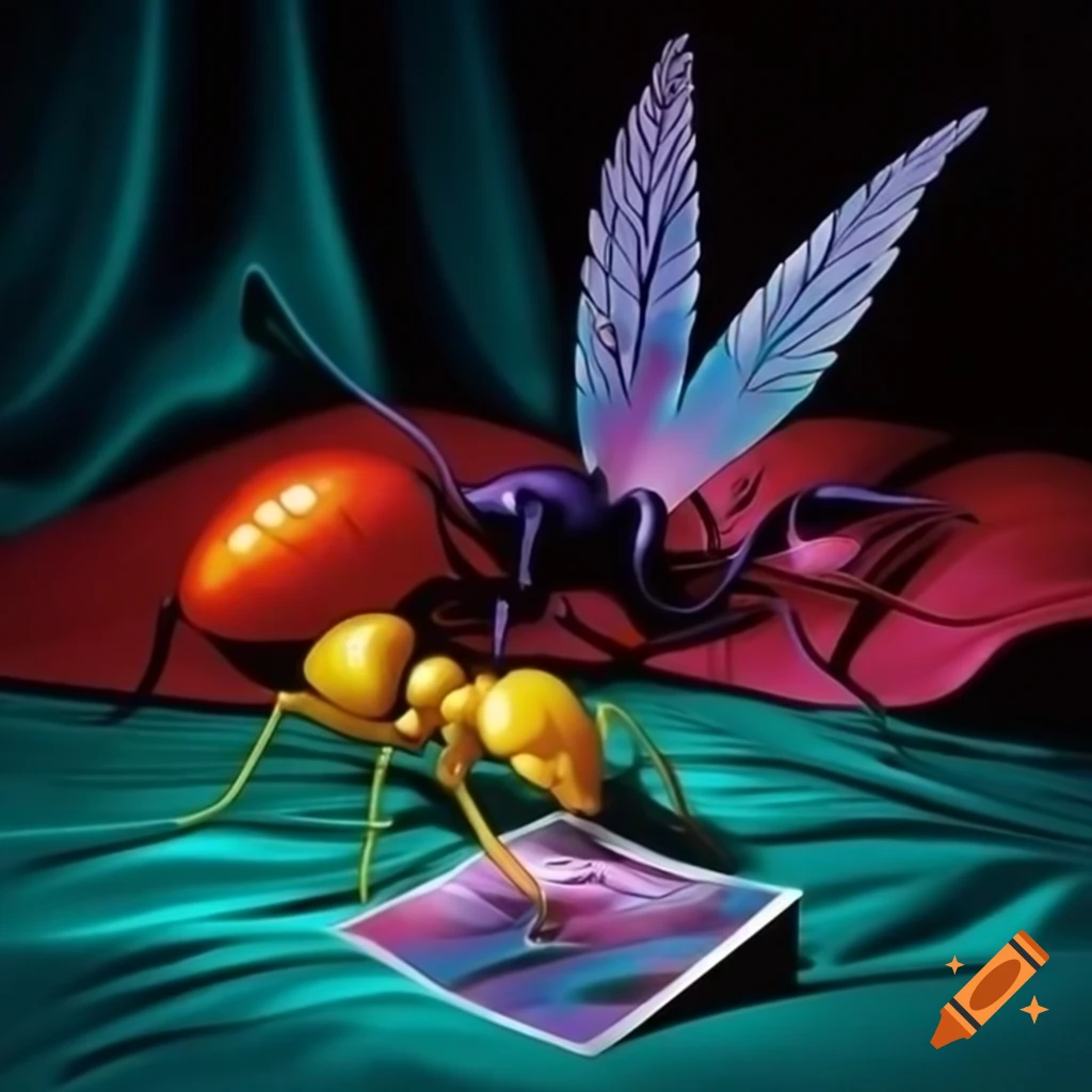 Pop surreal 2000's photography with iridescent colors and giant silver ants