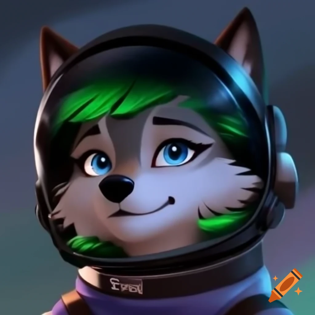 Wolf woman in black space helmet with 'L' and green hair