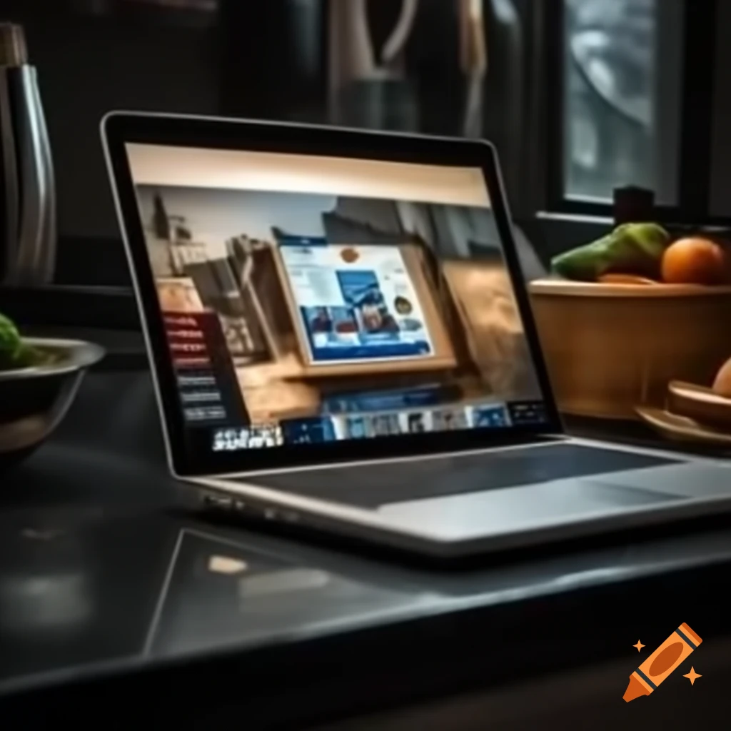 Laptop placed on a cooking station with kitchen tools