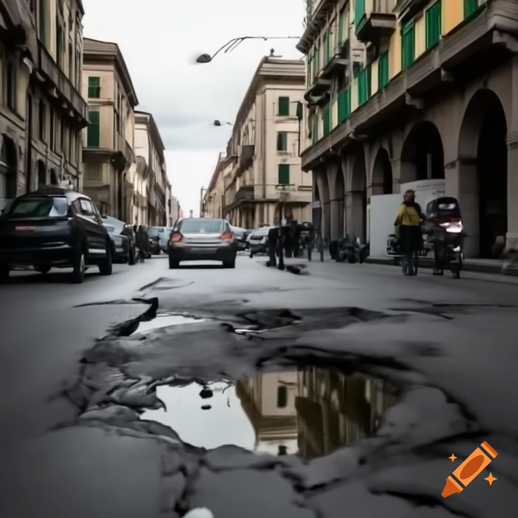 Crumbling street in Italian city with traffic and pedestrians avoiding cracks
