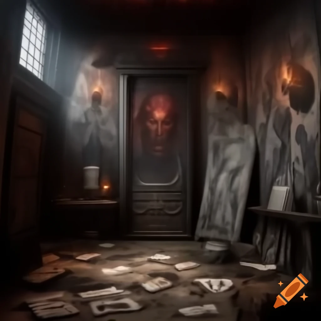 Realistic creepy house interior with demonic drawings on the walls