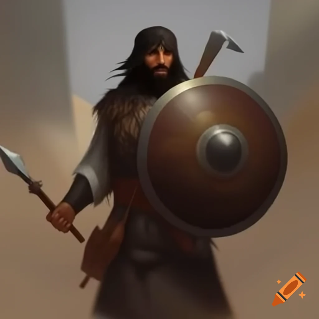 Arab warrior wielding round shield and short spear