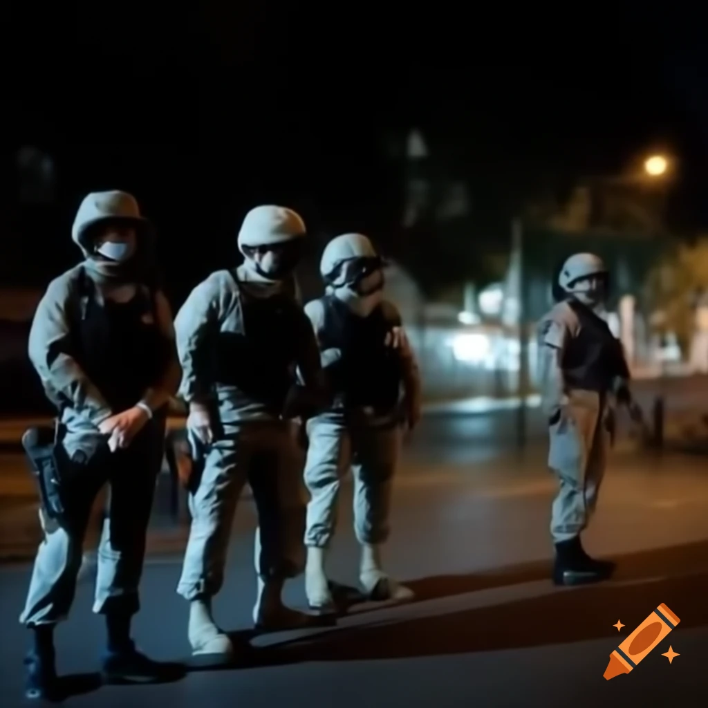 Military police forming protective barrier during intervention on LA street