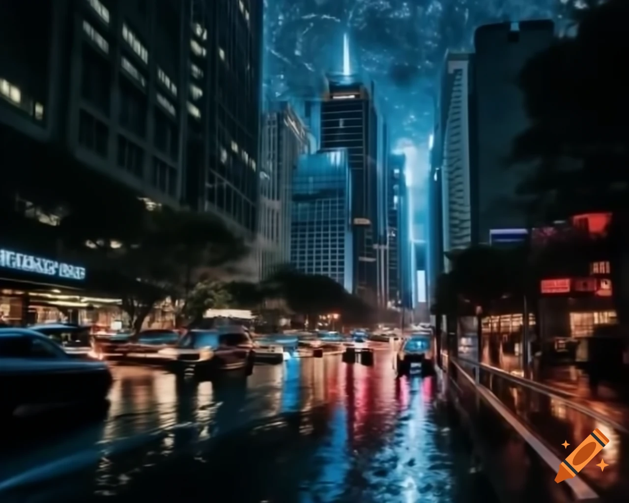 Cinematic night cityscape with neon lights and towering skyscrapers