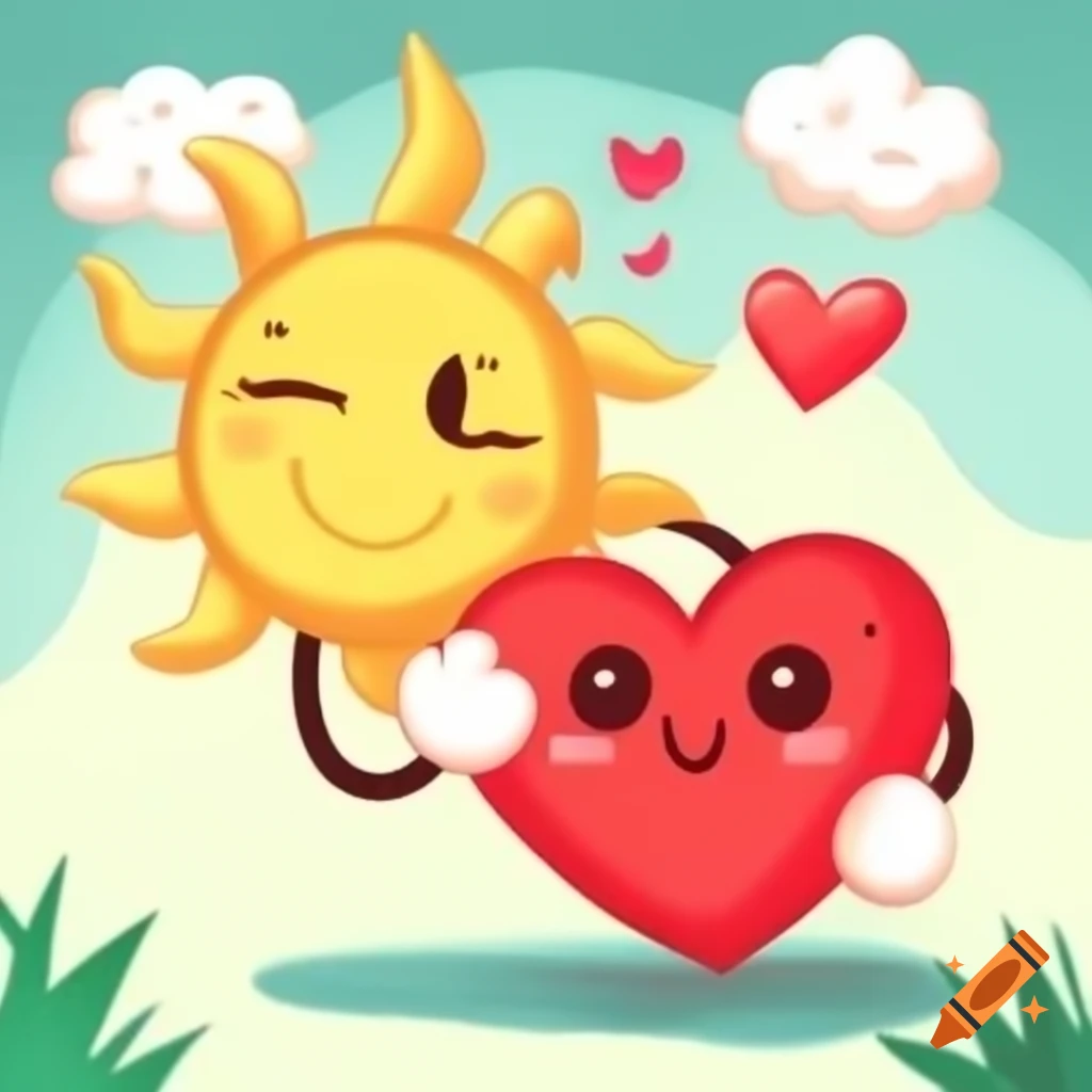 Cute cartoon illustration of red heart and yellow sun holding hands