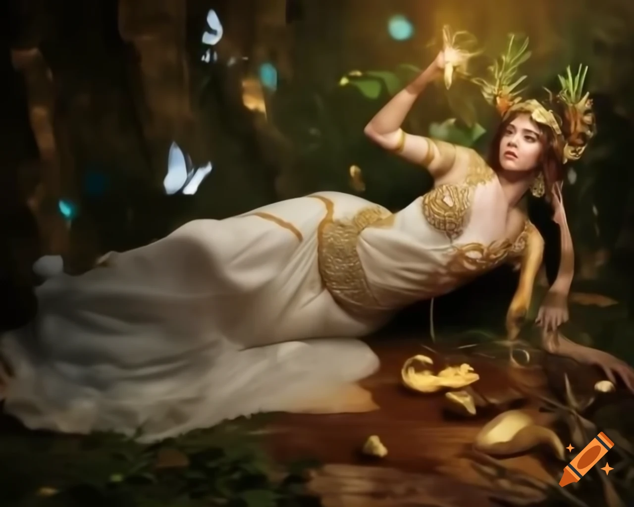 Hyperrealistic micro photograph of Lady Palutena with crystal tiara and flowers