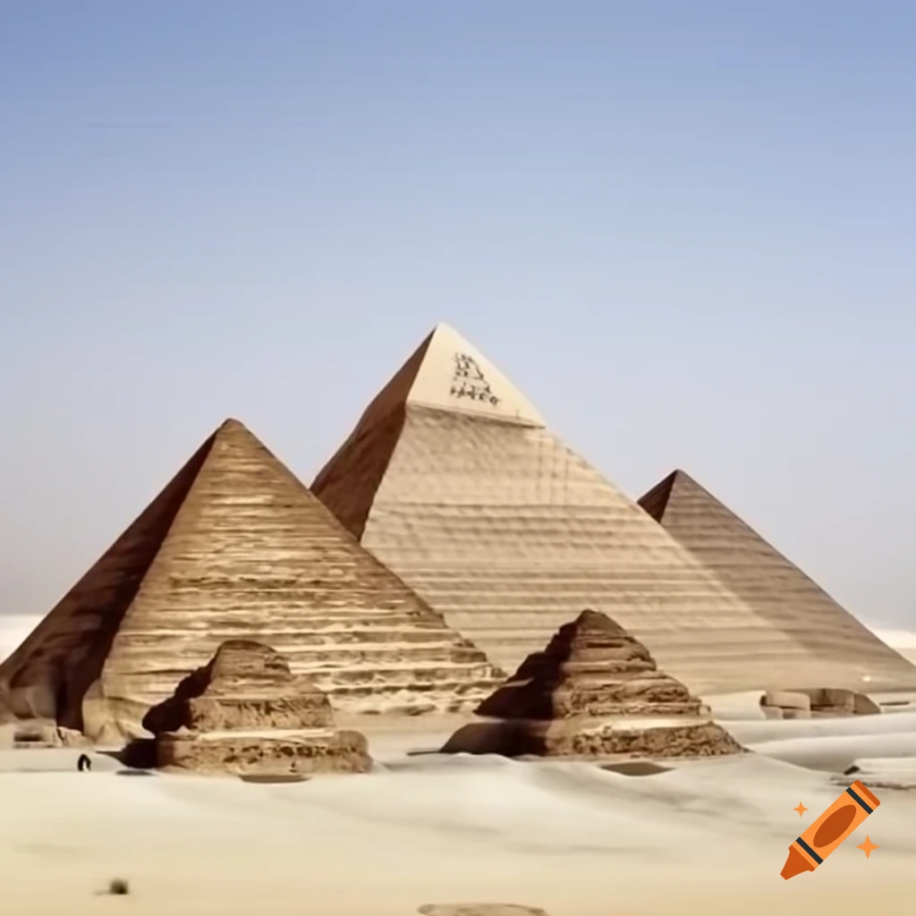 Comparison of three pyramids in a desert landscape including the Great Pyramid of Khufu