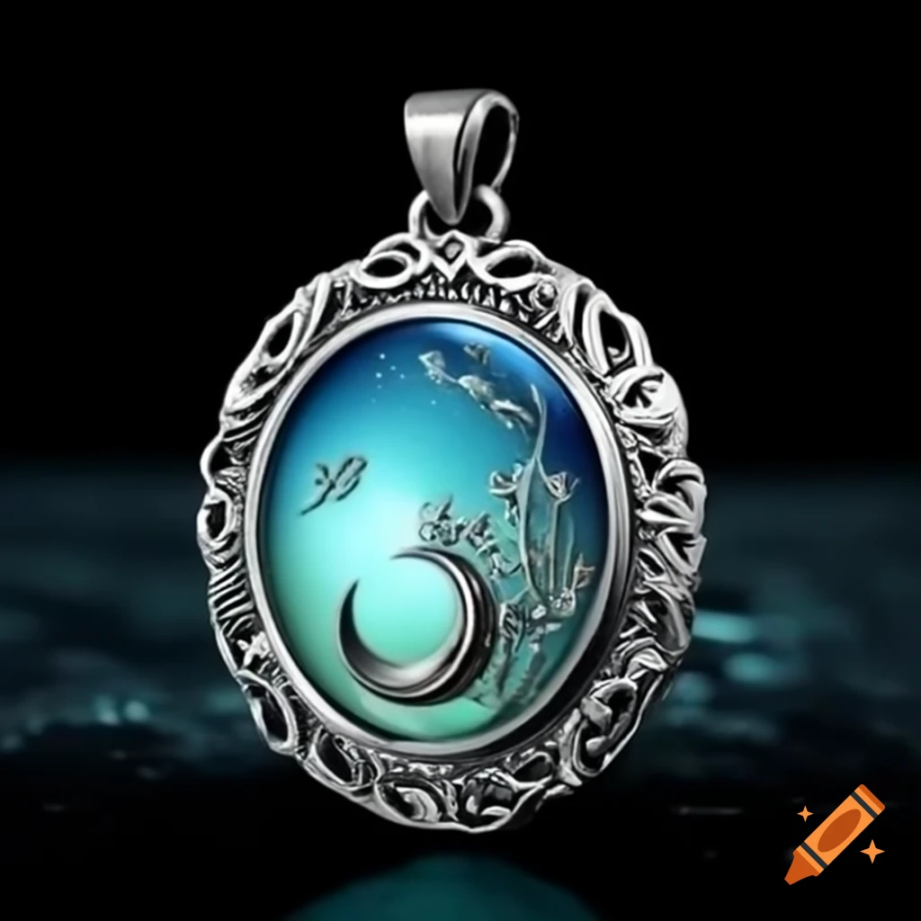 Exquisite silver locket with engraved vines and blue crescent moon motif