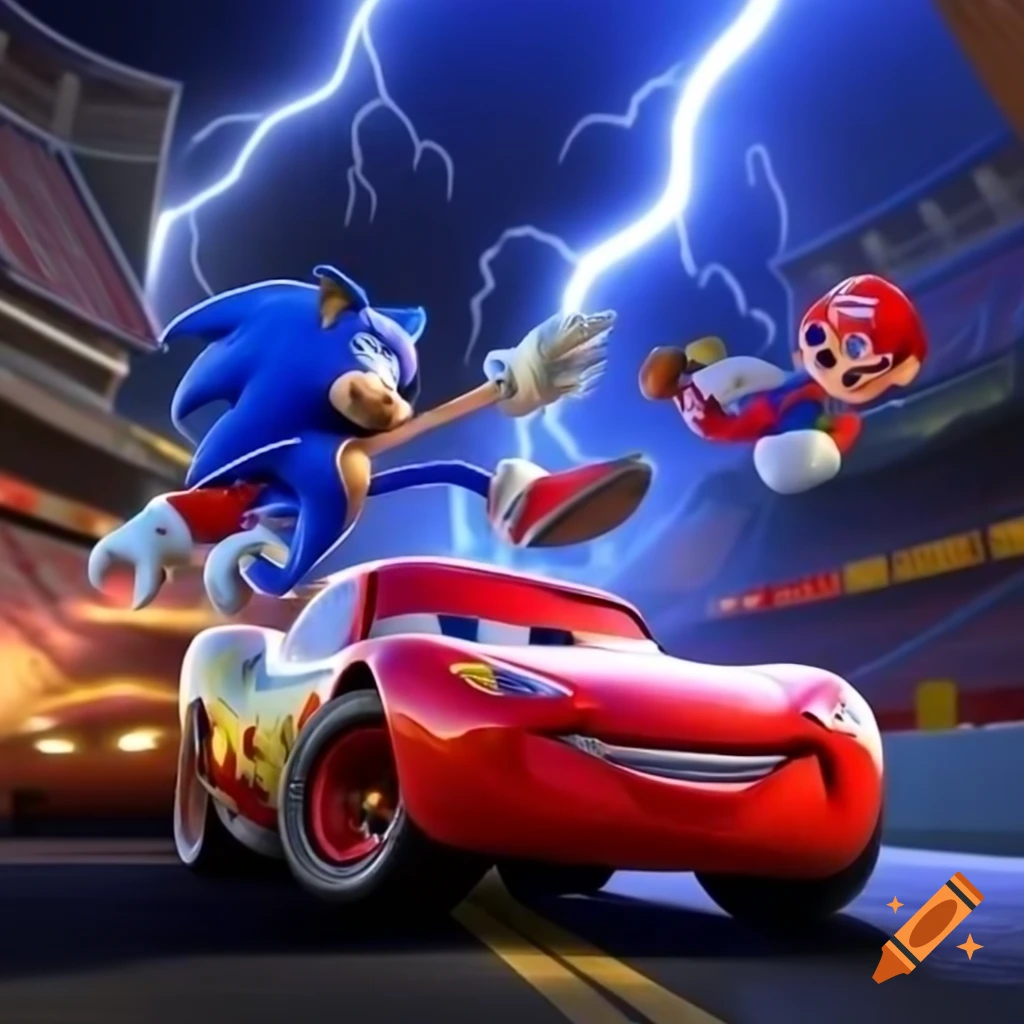 Lightning McQueen racing against Sonic and Mario on Rainbow Road track