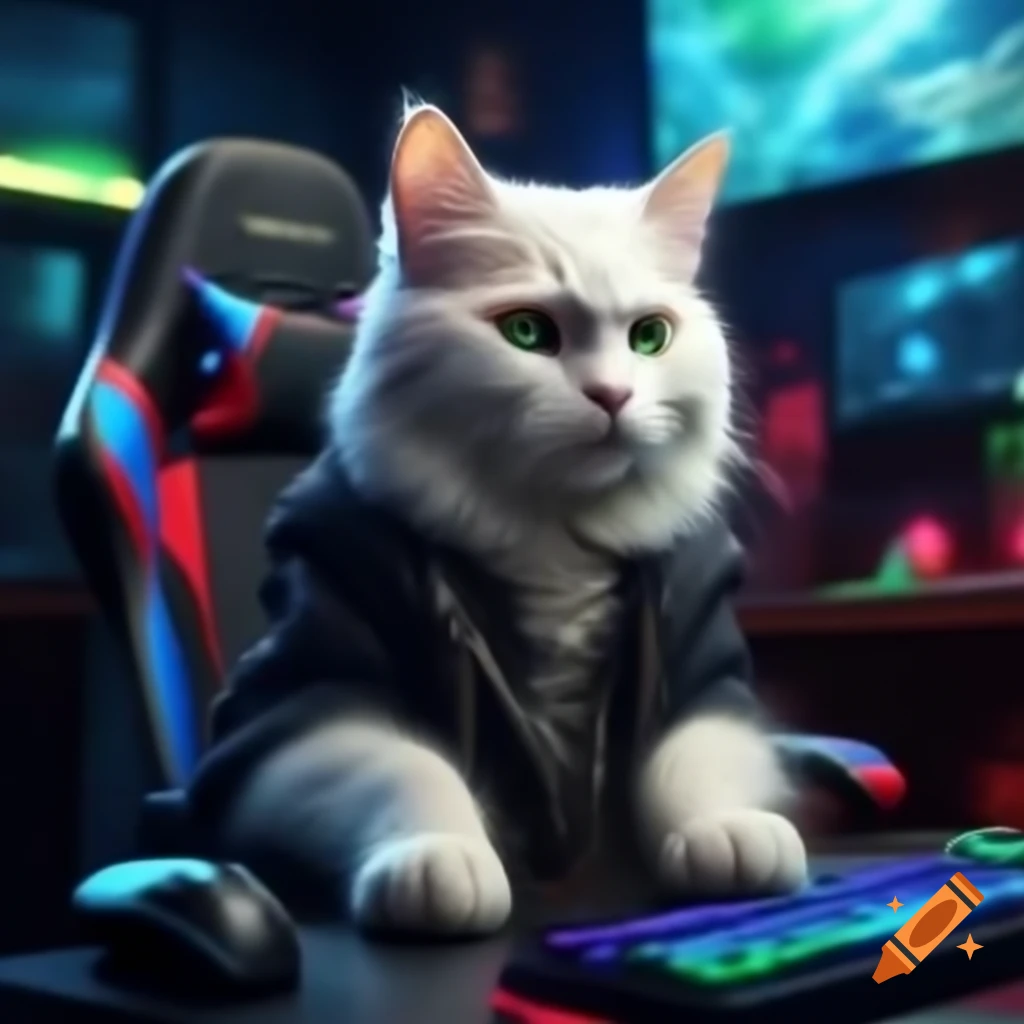 Regal white cat in black hoodie sitting in gaming chair with keyboard and mouse