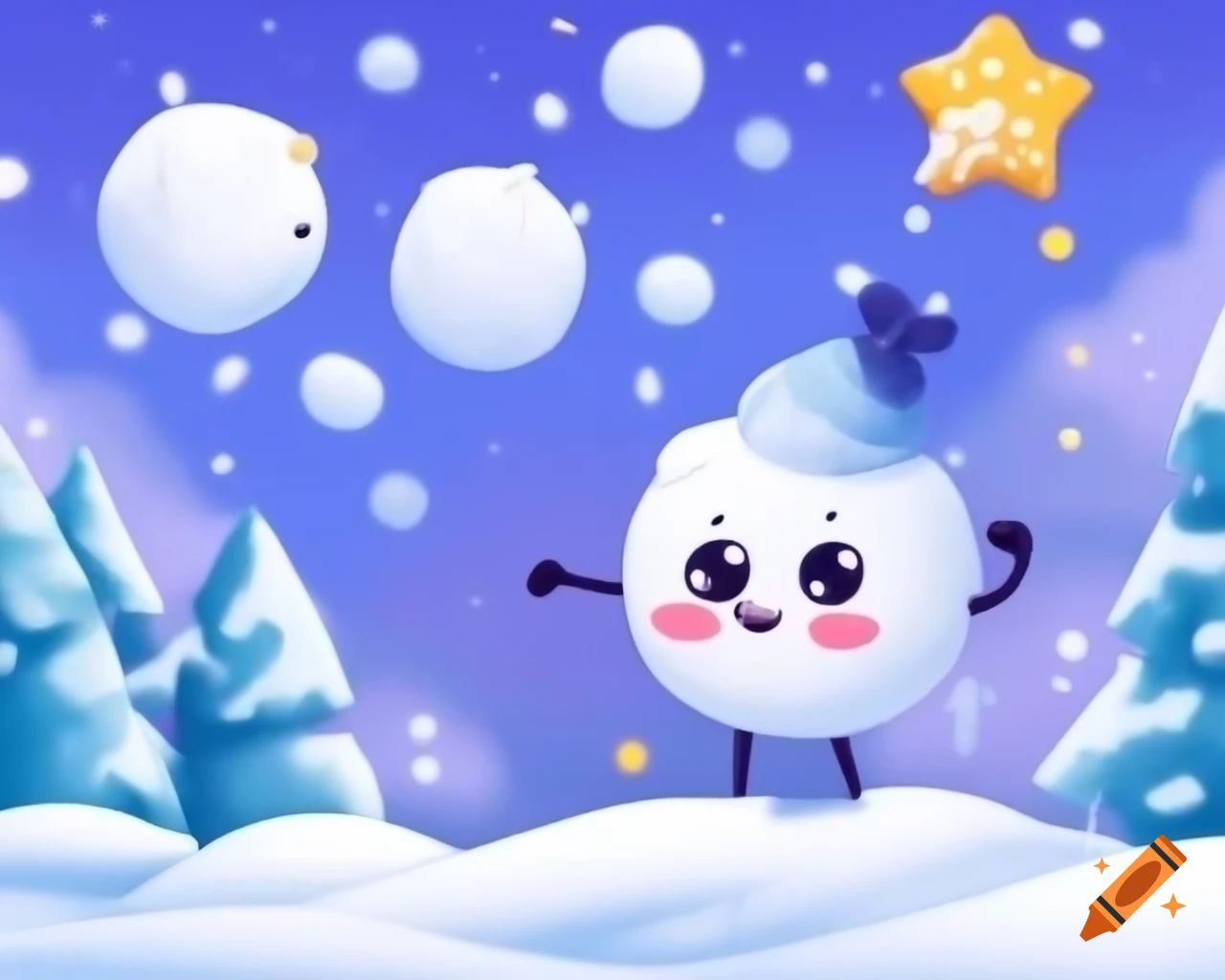 Cute cartoon characters throwing snow at each other in pixelated background