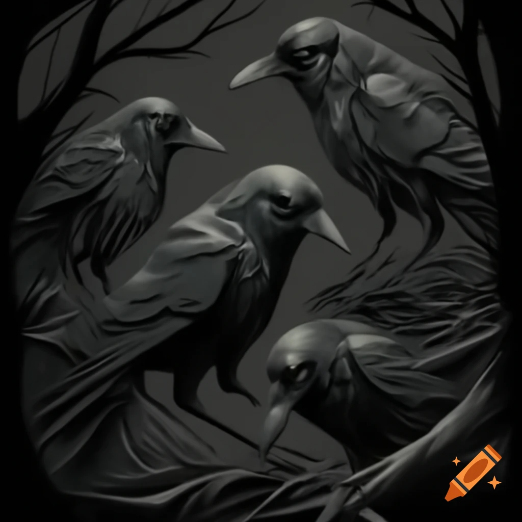 Eerie ink woodcutting of crows in dark forest, MC Escher style