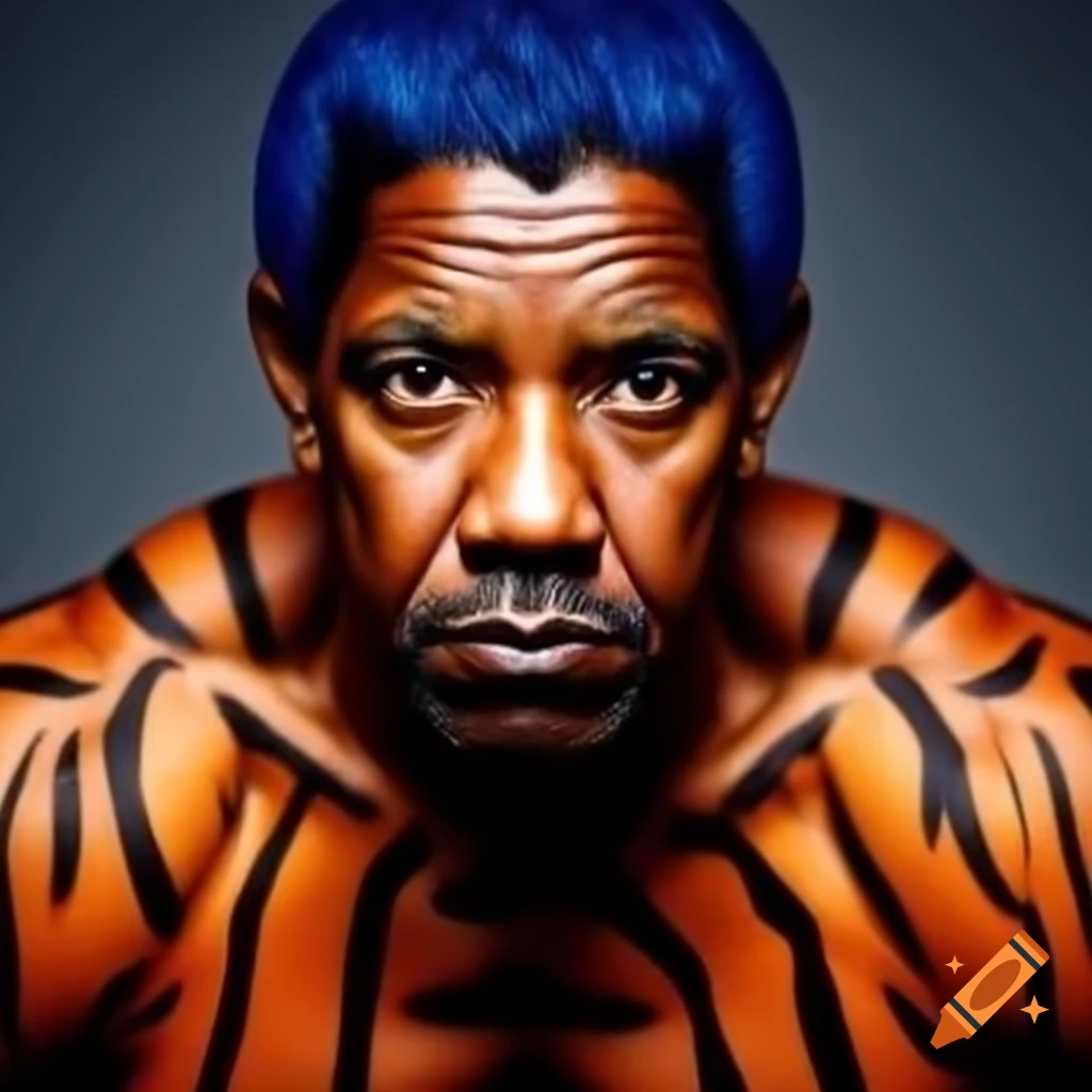 Muscular man with tiger makeup, blue hair and orange skin, artistic portrayal