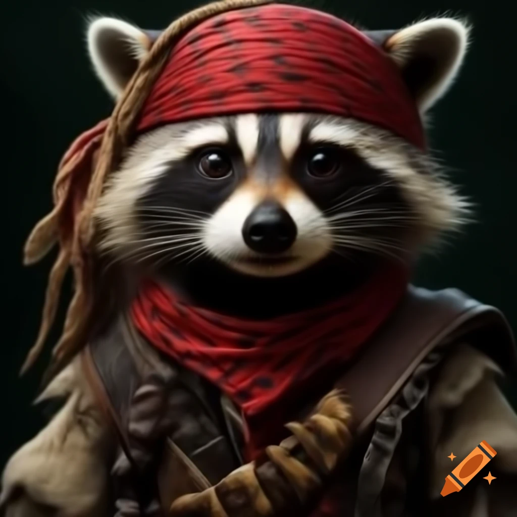 Portrait of a raccoon in pirate style wearing a bandana