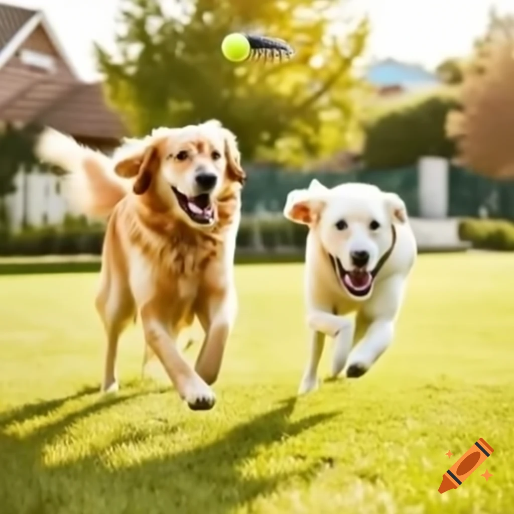 Max the Golden Retriever and Bella the Labrador playing in sunny suburban park