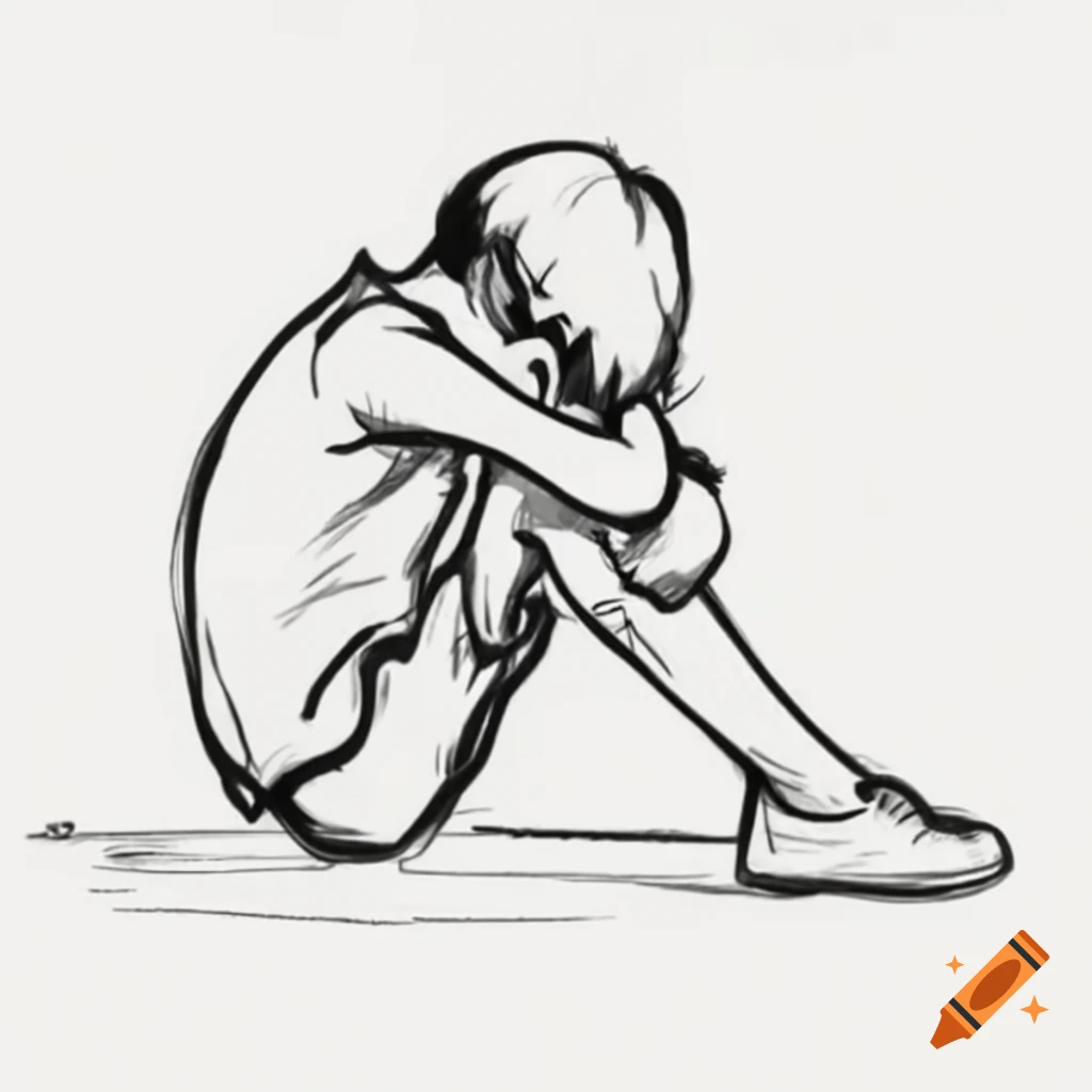 Black and white drawing of a sad boy on craiyon