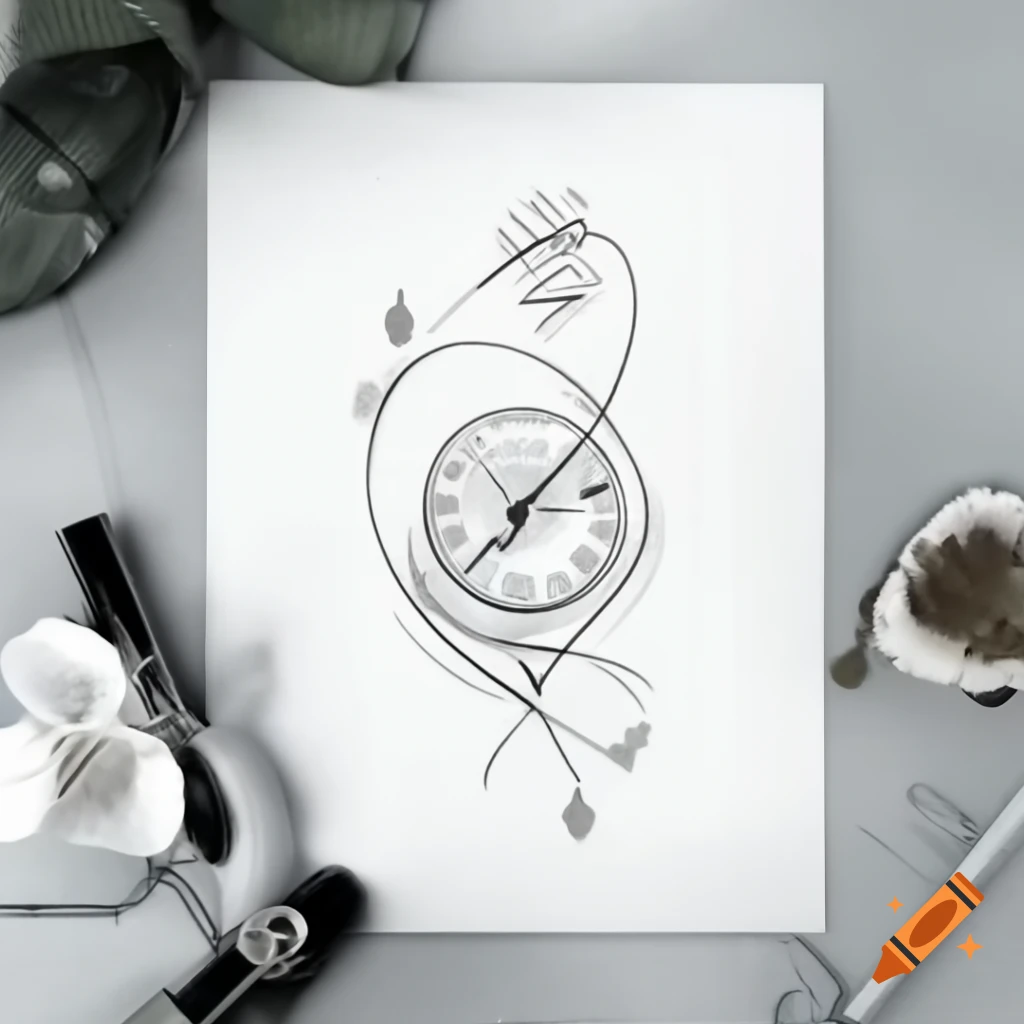 Outline tattoo design featuring pocket watch, river, pavilion, boat, and frangipani flowers