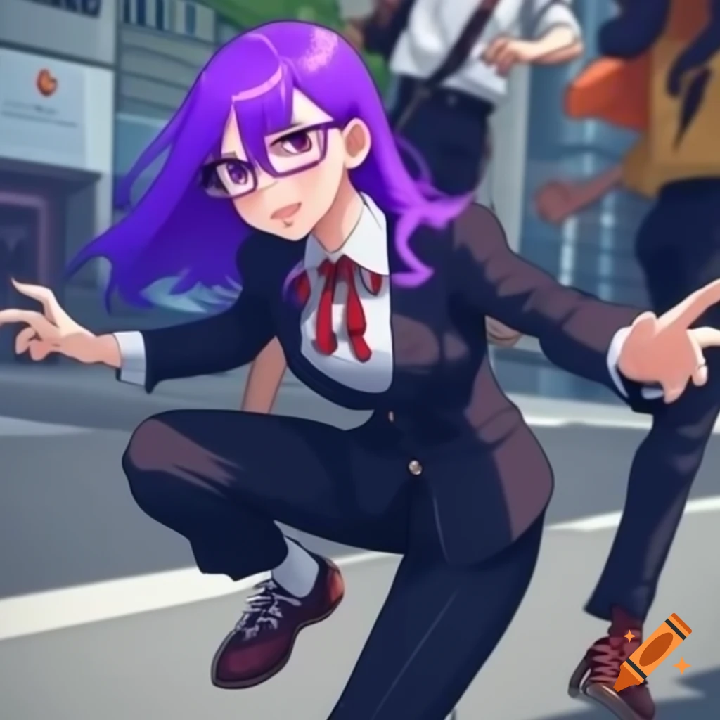 Anime character with vibrant purple hair and elegant glasses, confident expression