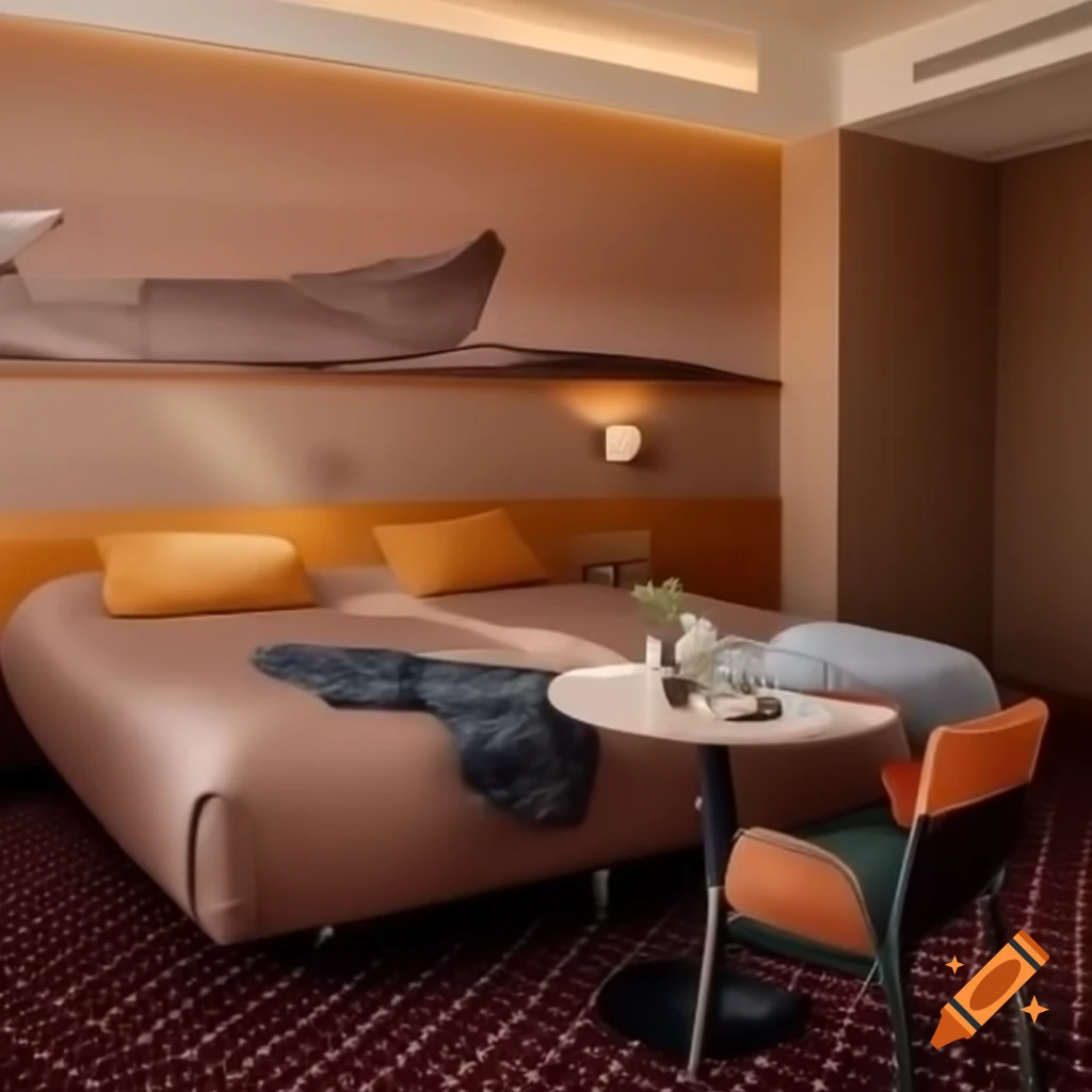 Hotel room with leftover meal packaging, lit television, and airline ticket