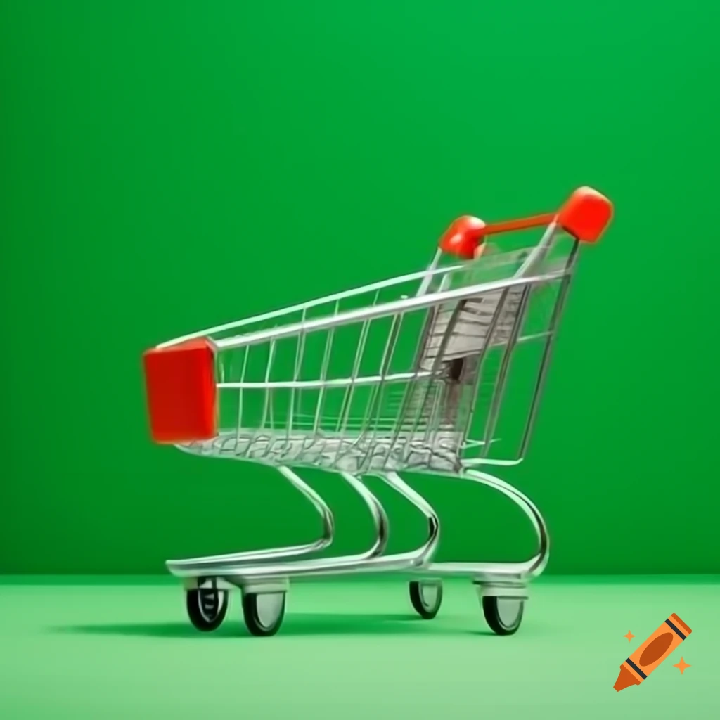 Empty shopping cart on solid green background