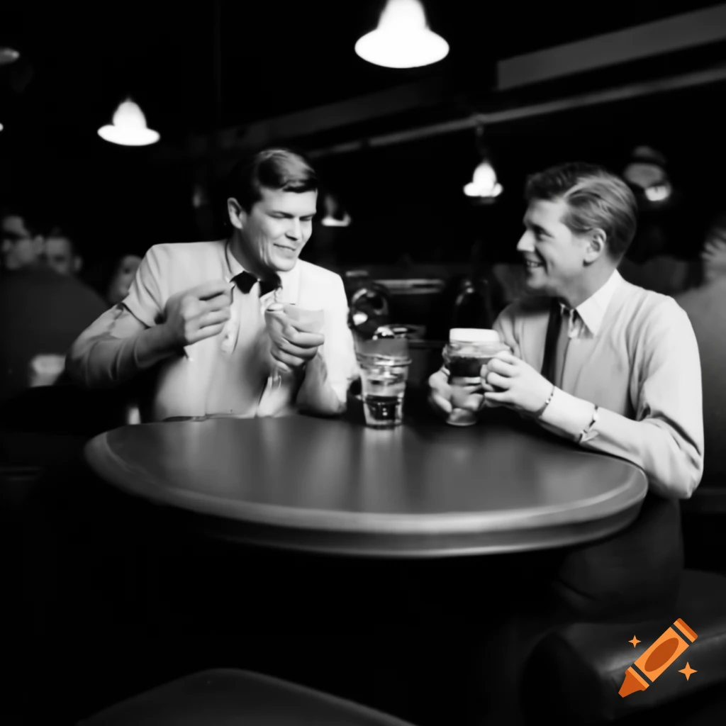 Historical scene of JFK and Lee Harvey Oswald in Dallas, sharing a beer