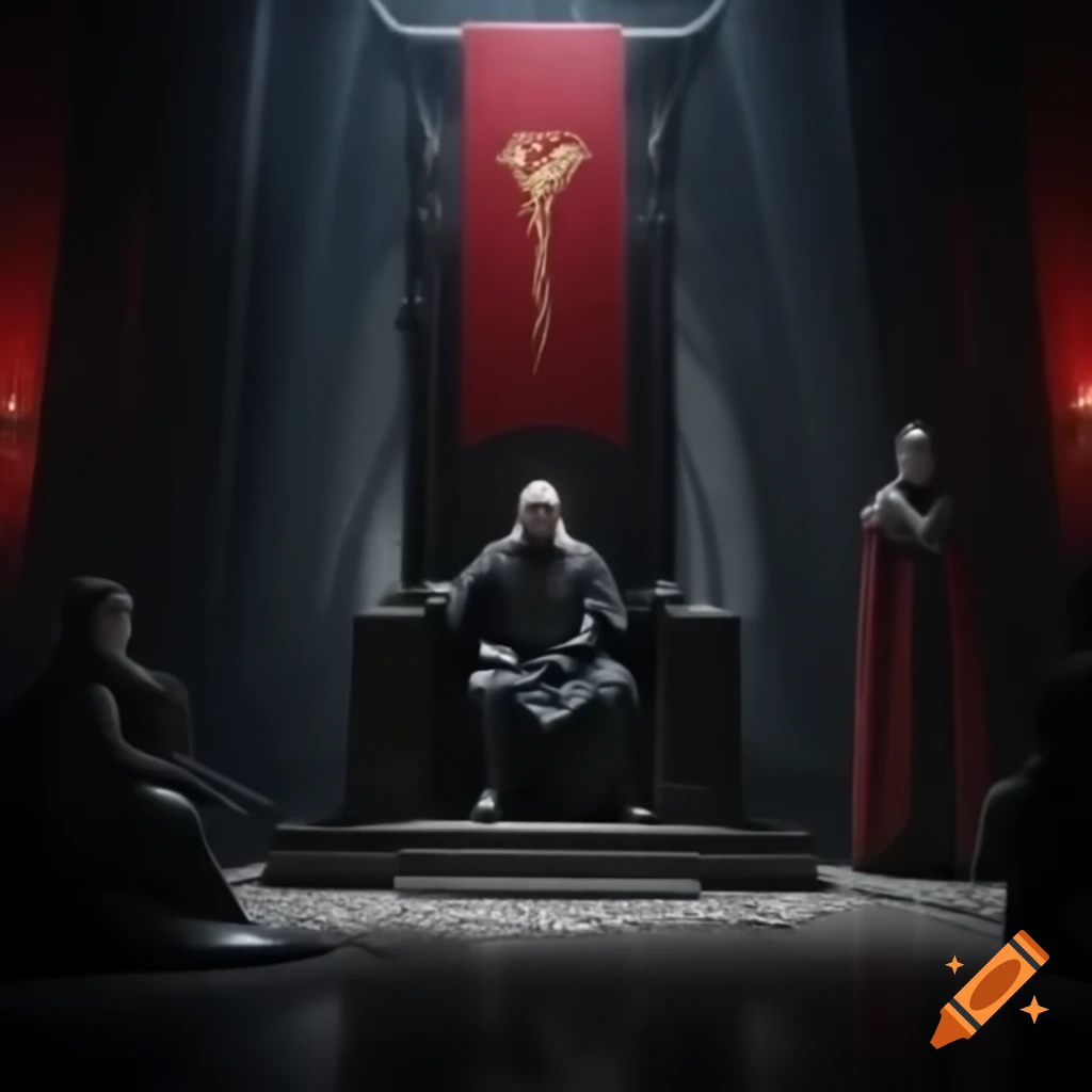 Medieval throne room with King Harold on grand throne, red banners and firelight
