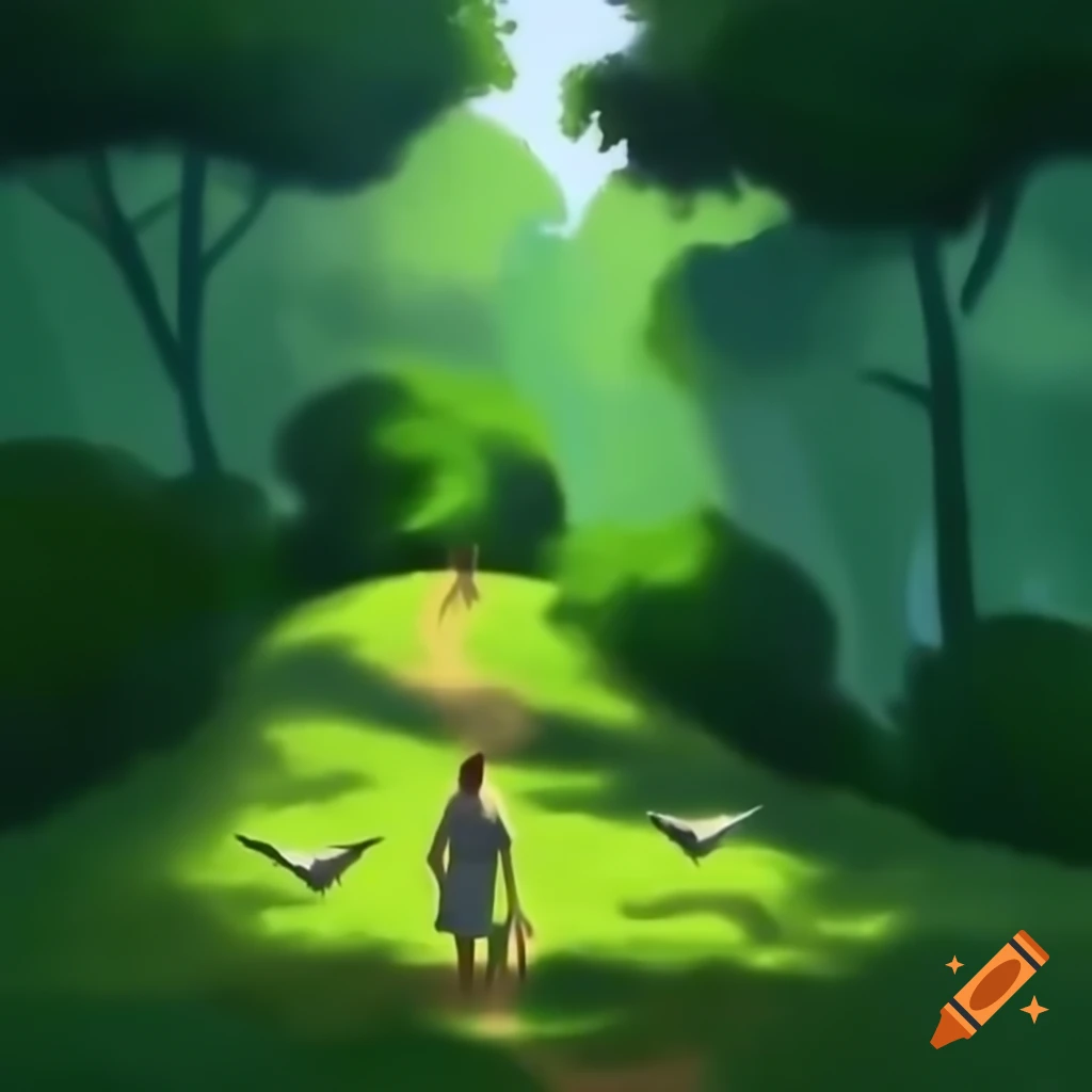 Walking in green forest, waiting on high hill for grandmother