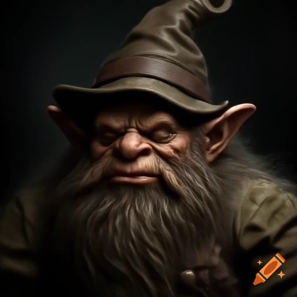 Dark vintage image of a scary dwarf wearing a big hat