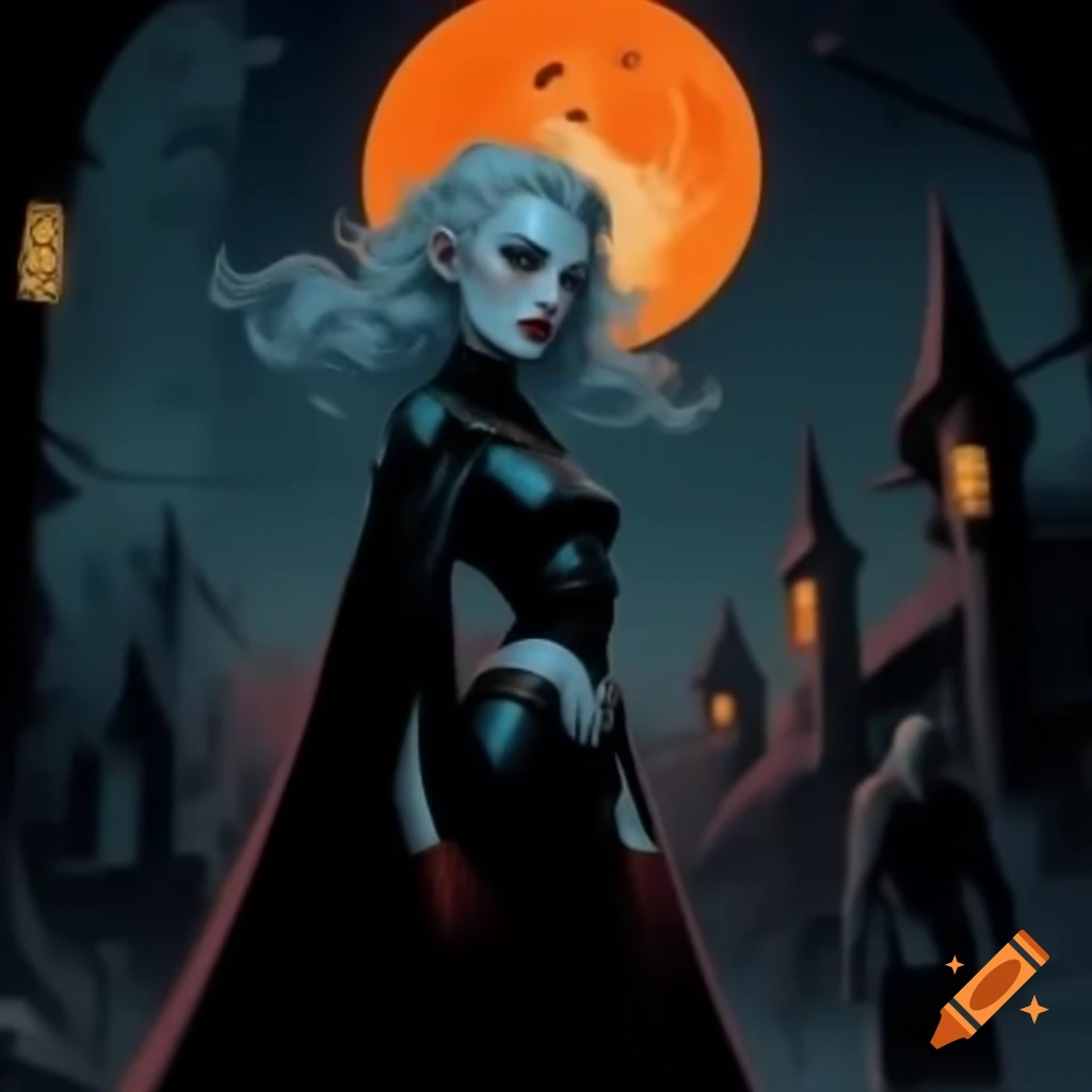Gothic steampunk cityscape with vampire figures under orange moon in 1980s pulp art style