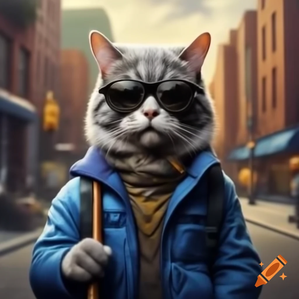 Gray cat in sunglasses and blue jacket walking with stick and pipe