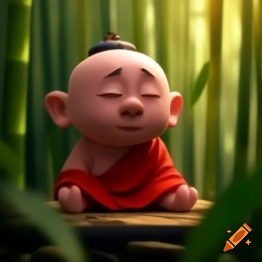 Zen master with gentle smile in red robes, surrounded by bamboo leaves