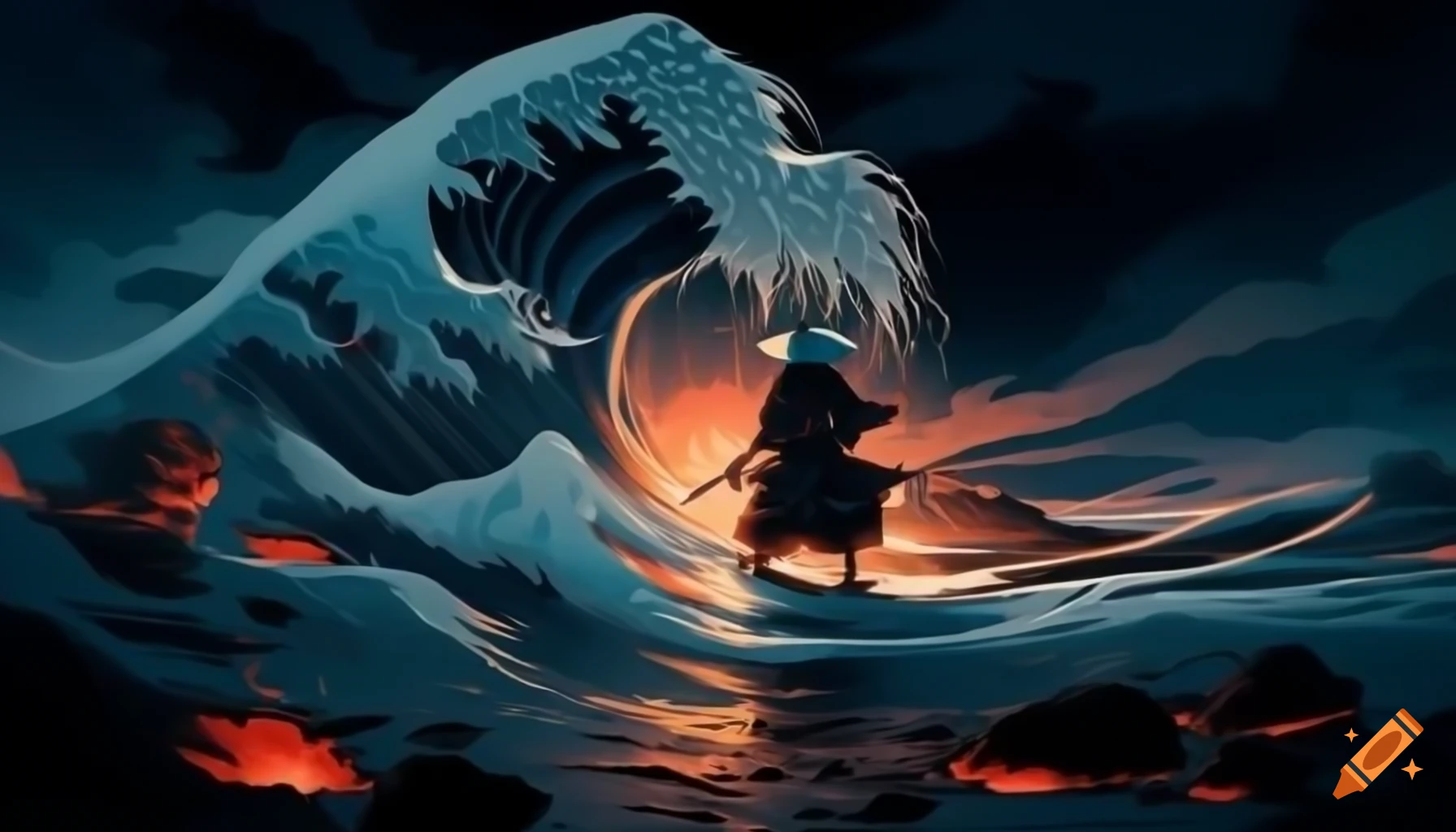 Ukiyo-e style Gandalf surfing on lava with dramatic anime lighting