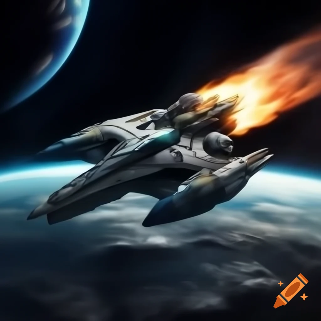 Futuristic spaceship with burning thrusters in vast space