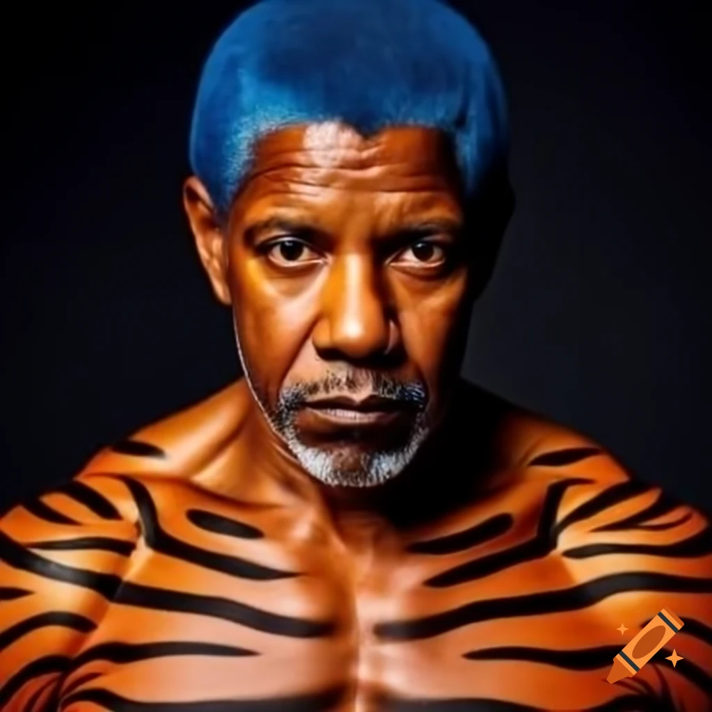 Muscular character inspired by Denzel Washington with tiger-style makeup and blue hair