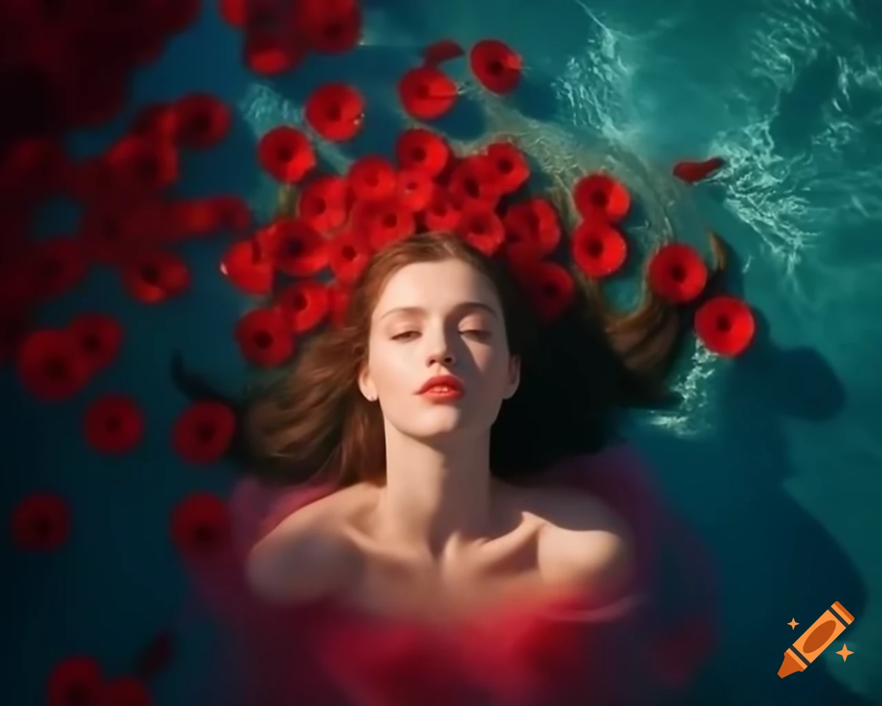 Aesthetic portrait of young European woman with rose tiara, evoking romantic and unhappy mood