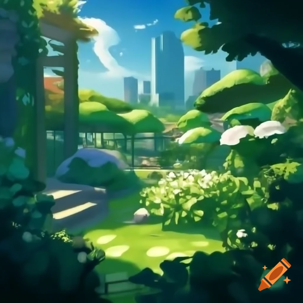 Tranquil garden view overlooking a cityscape